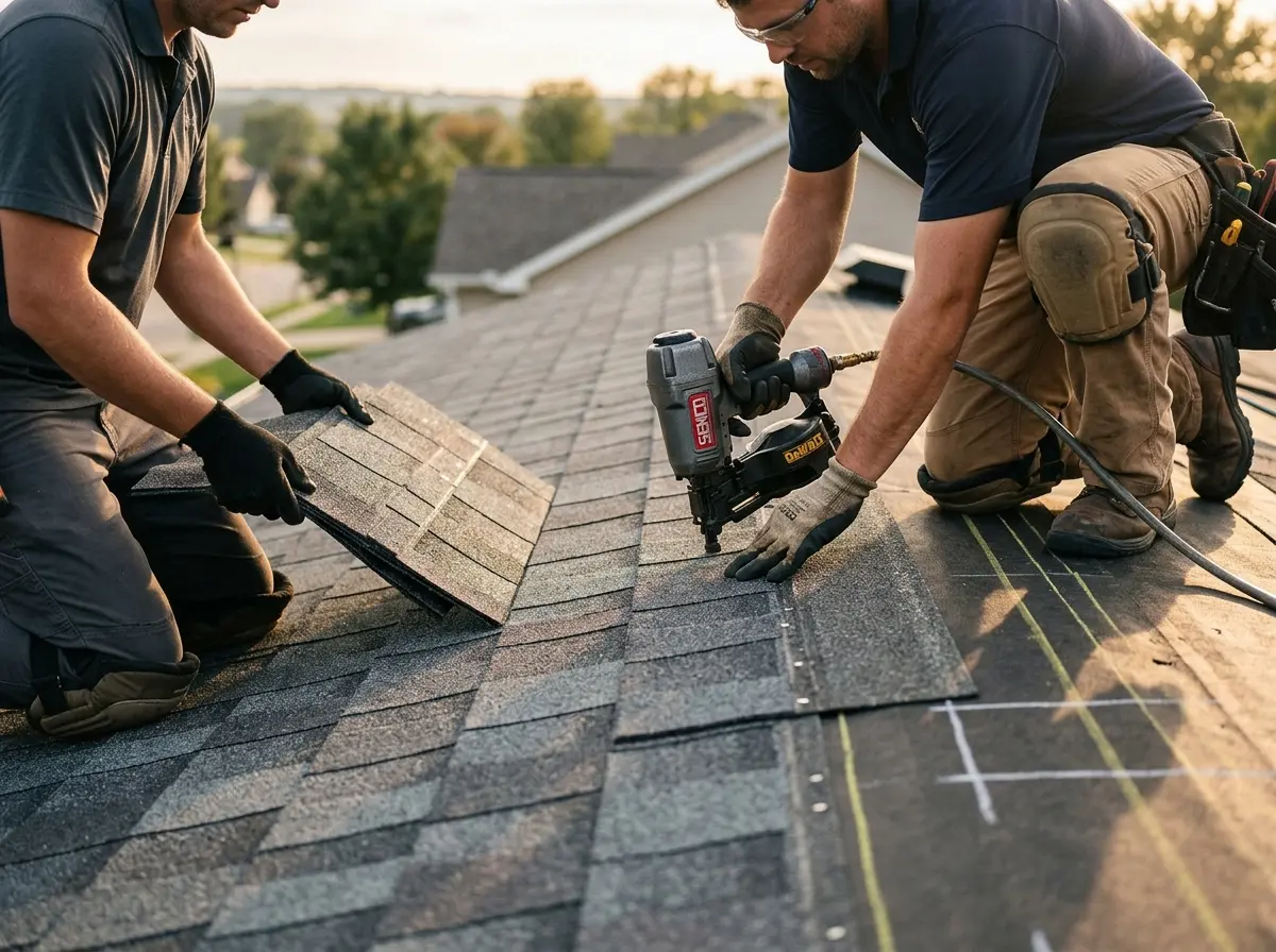 Professional roofer working on a residential roof in Rosenberg